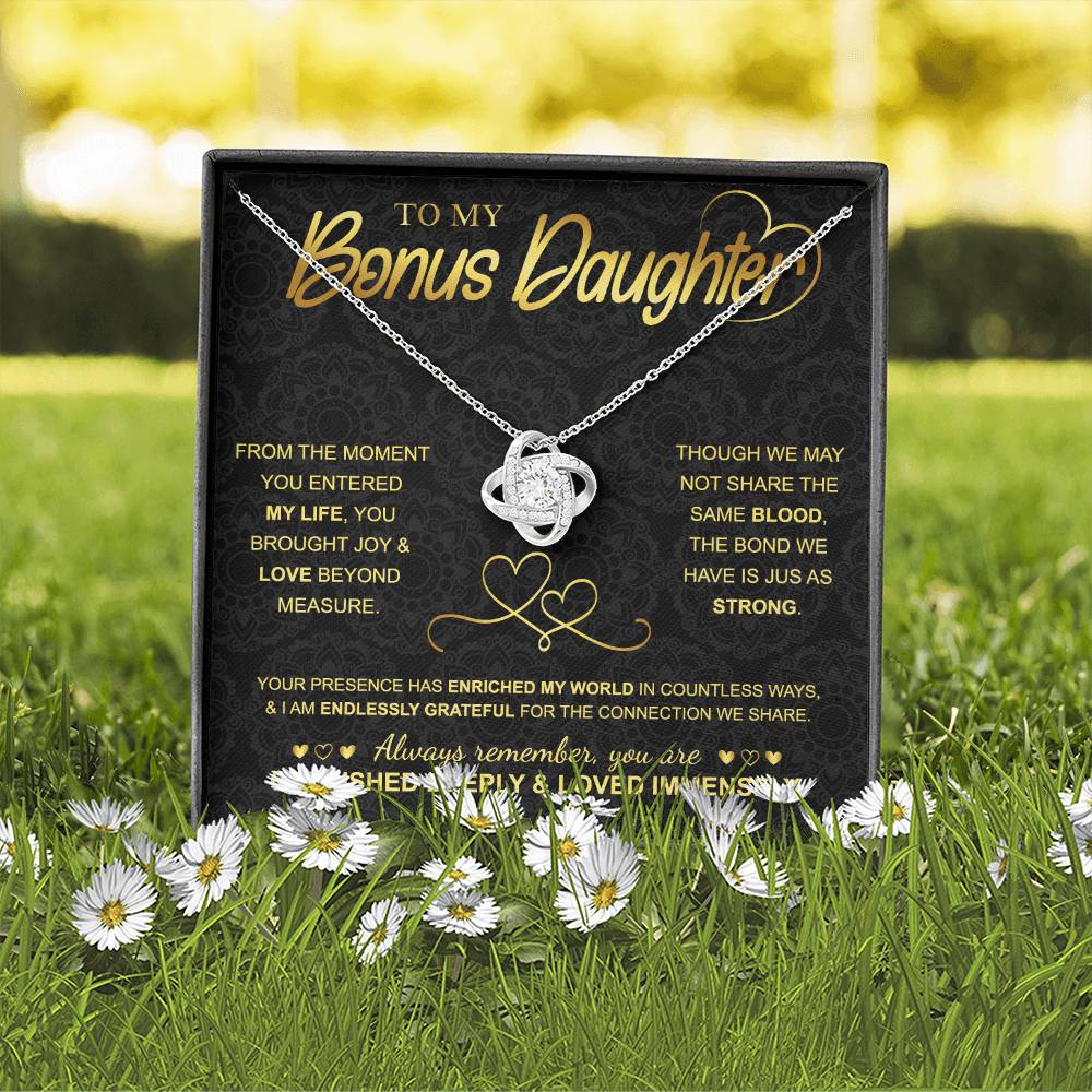Love Knot Necklace for Bonus Daughter – 14k White Gold Sterling Silver Gift from Mom