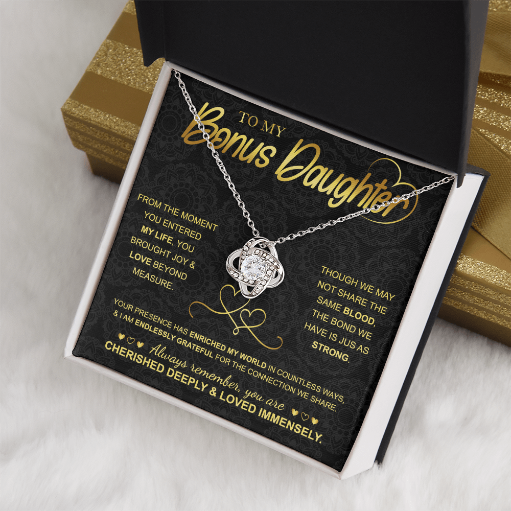 Love Knot Necklace for Bonus Daughter – 14k White Gold Sterling Silver Gift from Mom
