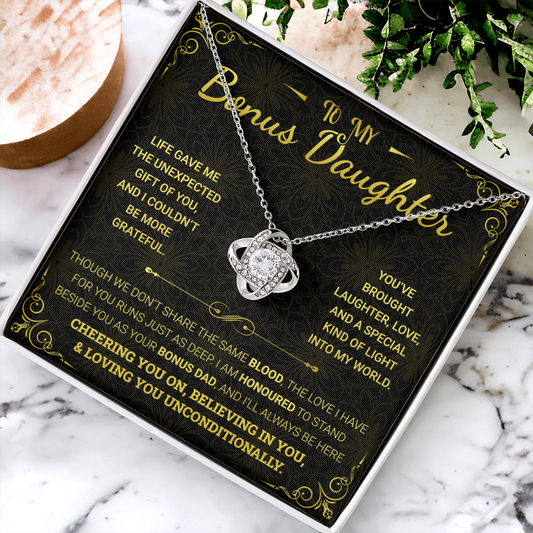 To My Bonus Daughter Necklace – 14k White Gold Love Knot Pendant from Dad