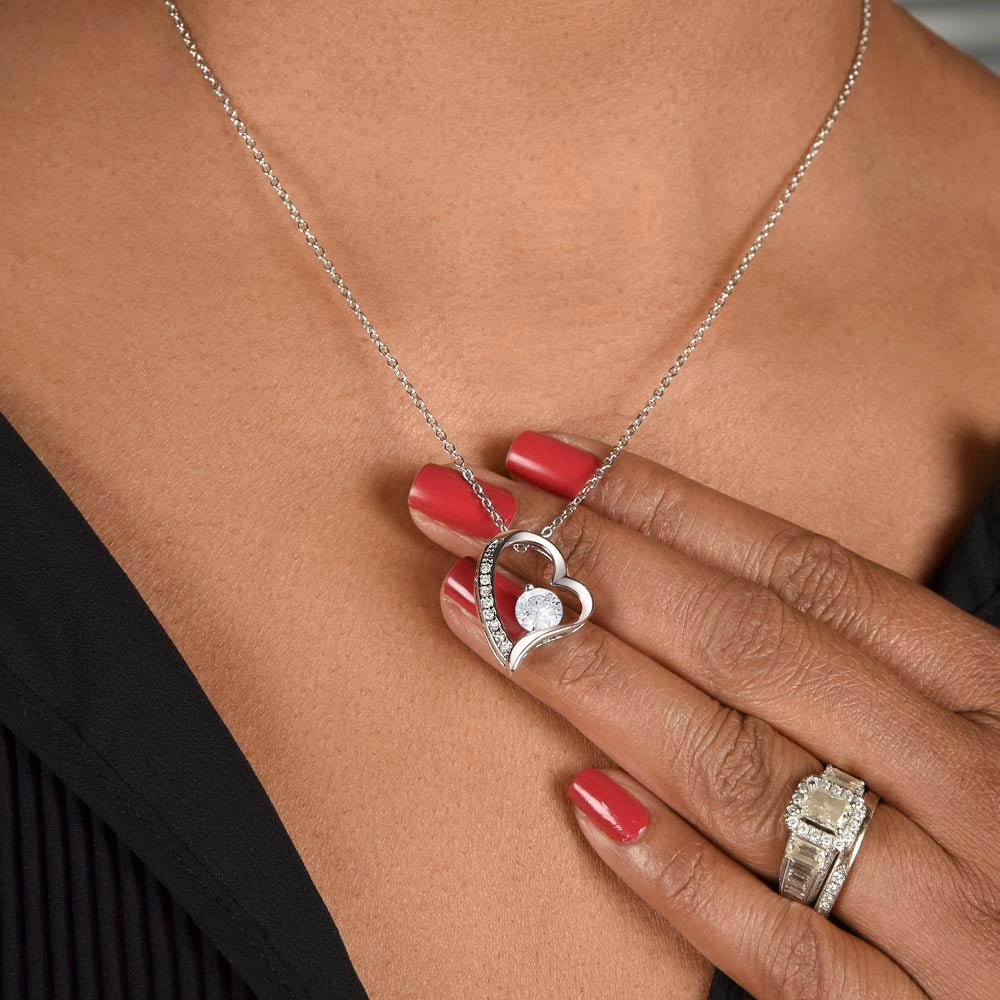 “Never Forget I Love You” Heart Necklace –14k White Gold Gift for Daughter