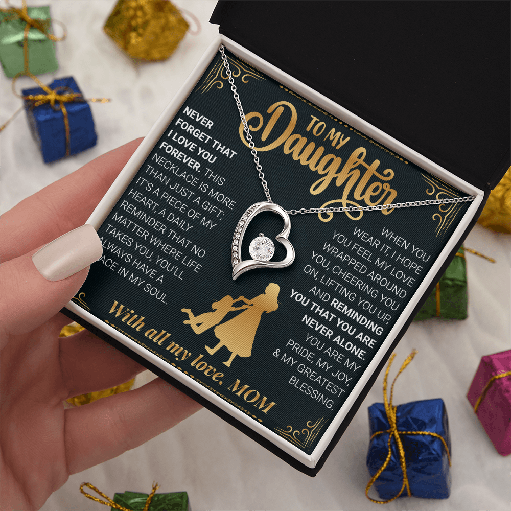 “Never Forget I Love You” Heart Necklace –14k White Gold Gift for Daughter