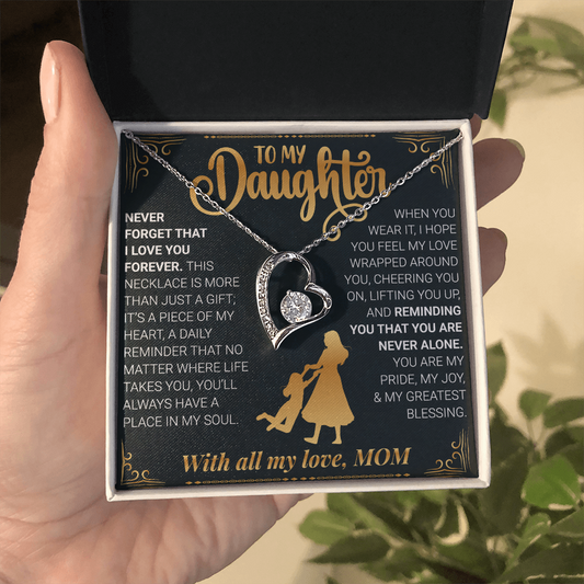 “Never Forget I Love You” Heart Necklace –14k White Gold Gift for Daughter