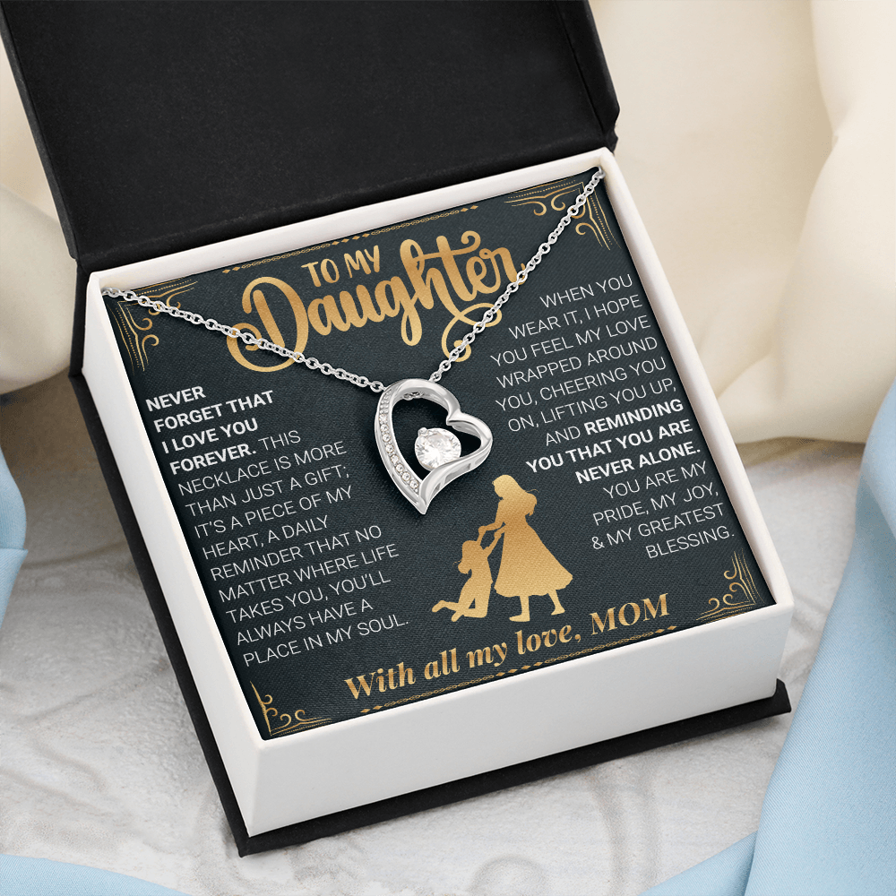 “Never Forget I Love You” Heart Necklace –14k White Gold Gift for Daughter